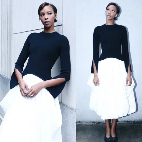 Simkhai Kenlie Midi Dress Black White Ribbed Knit Taffeta Bubble Hem Size S - Picture 3 of 12